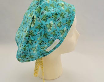 BrightCaps Surgical Tie back Hat, Frogs on Lily Pads, Contrasting Yellow Daisy Ties