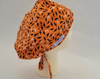 Surgical Tie Hat by BrightCaps, Orange Halloween with Black Bats White Moons