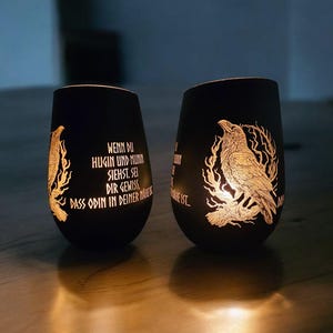 Hugin och Munin motiv 2 orkanljus, högkvalitativt kristallglas, Yggdrasil, vikingadekor, vikingar, Valhall, ljusstake, Oden, Hugin, Munin