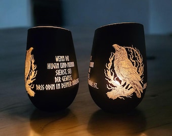Lámpara de huracán con motivo de Hugin y Munin, cristal de alta calidad, Yggdrasil, decoración vikinga, vikingos, Valhalla, candelabro, Odín, Hugin, Munin