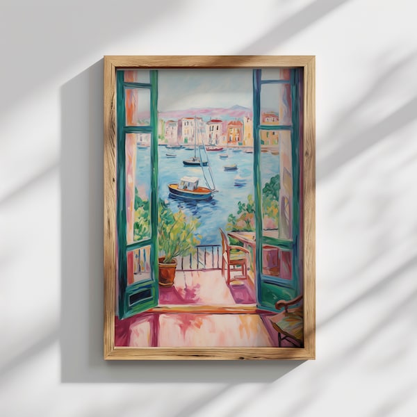 Coastal Escape Window View Art, Vibrant Seaside Balcony Print, Mediterranean Harbor Scene, Nautical Wall Art  - Digital Download