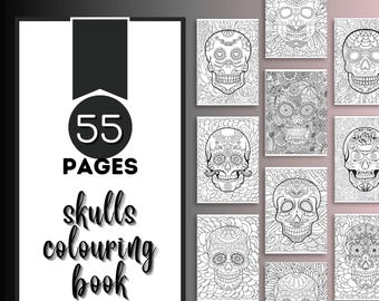 Skull colouring book, adult, halloween, digital download, printable art, birthday, Christmas, gifts