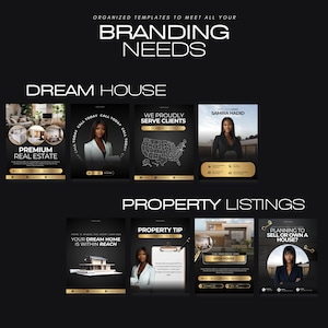 A collection of eight social media post templates for real estate agents. The templates feature a black background with gold accents and text that says "Premium Real Estate", "We Proudly Serve Clients", "Your Dream Home Is Within Reach", "Property Tip", "Open House", "Planning to Sell or Own a House?", and "Samira Hadid".