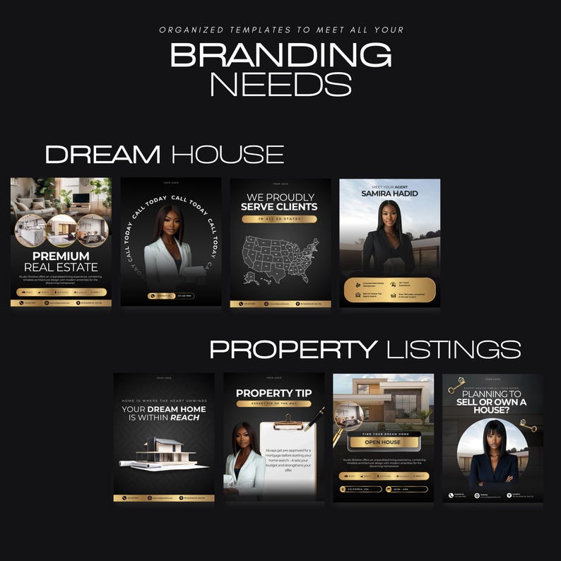 A collection of eight social media post templates for real estate agents. The templates feature a black background with gold accents and text that says "Premium Real Estate", "We Proudly Serve Clients", "Your Dream Home Is Within Reach", "Property Tip", "Open House", "Planning to Sell or Own a House?", and "Samira Hadid".