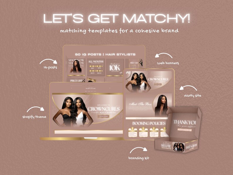 Matching Social Media Templates and Branding Kit available for Pink Rose Gold Hair Business branding
