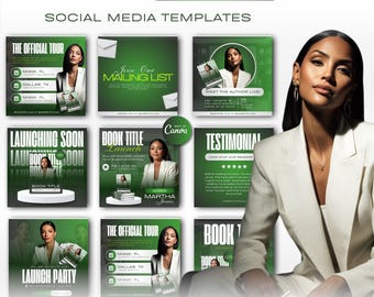 May include: A promotional image for an author launch, featuring a woman in a white suit. The image showcases social media templates with text like "20-IN-1," "Author Launch," and "Social Media Templates." Various templates include phrases like "The Official Tour" and "Book Title Launch."