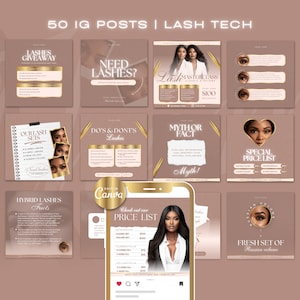 May include: A collage of nine Instagram posts promoting lash services. The posts feature images of lashes, lash artists, and text about lash extensions, lash sets, and lash masterclasses. The posts are designed in a pink and gold color scheme.