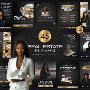 A collection of 45 real estate flyers with a modern design. The flyers feature images of houses, a woman holding a model house, and text about buying, selling, and renting. The flyers are easy to edit and can be used to promote real estate services.
