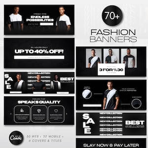Könnte beinhalten: Eine Sammlung von über 70 Schwarzweiß-Modebannern für soziale Medien. Die Banner zeigen Models in Schwarzweiß-Kleidung, Text, der "Fresh Fits Endless Possibilities", "Bis zu 40% Rabatt", "Neue Kollektion Bestseller", "Mode, die für Qualität spricht", "Sale Day 3 For %30", "Deine Alltags-Basics perfektioniert", "Jetzt kaufen und später bezahlen" und "30 Web + 30 Mobile + 6 Cover & Titel" lautet.