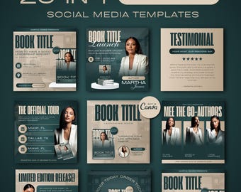 May include: A collection of social media templates for an author launch, featuring various designs with the text "Book Title" and images of a woman. The templates are in shades of green and beige, with text such as "20-IN-1" and "Author Launch".