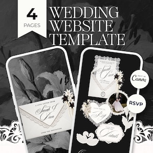May include: A digital wedding website template featuring 4 pages with a black and white floral theme. The interface displays an envelope graphic with the text Sarah & Leon, RSVP buttons, and swan illustrations. Includes Canva edit and RSVP labels.