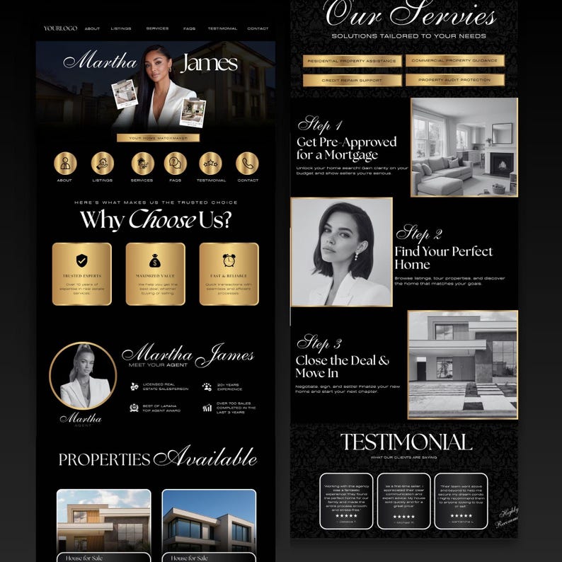 Luxury Real Estate Website Template, Black Gold Canva Landing Page ...