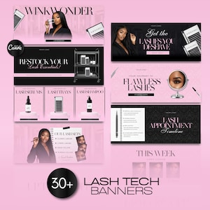 May include: A collection of 30+ pink and black lash tech banners with text that reads "WINKWONDER", "RESTOCK YOUR Lash Essentials!", "Get the LASHES YOU DESERVE", "YOUR JOURNEY TO FLAWLESS LASHES", "LASH APPOINTMENT Timeline", "THIS WEEK LASH LOOKS", and "30+ LASH TECH BANNERS".