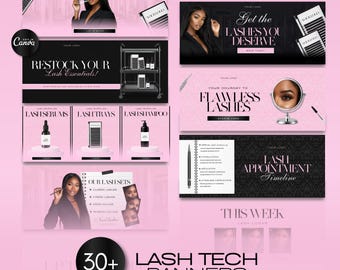 30 Lash Tech Web Banners Bundle | Lash Artists Website Banner Pack | Lash Templates | Lash Banners | Lash Posts Canva