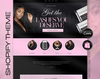 May include: A website design with a black and pink color scheme, promoting lash extensions. The text "Get the Lashes You Deserve" is prominently displayed. The design includes images of a woman and lash products, with the text "Shop by Collections".