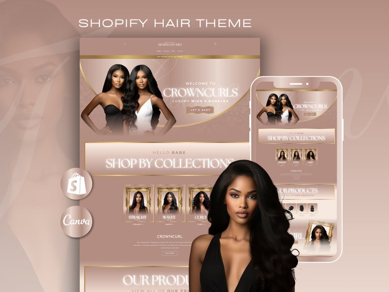 Pink Rose Gold Shopify Theme for Hair Extensions Wig Store Website Template with Canva Banners