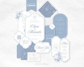 May include: A collection of dusty blue and white wedding stationery including invitations, RSVP cards, menus, and envelopes. The set features elegant typography, floral line art illustrations, and custom monograms. Some pieces include QR codes.