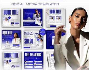 May include: A promotional image for social media templates. The design features a grid of templates in shades of blue and white, with the text "20-IN-1 AUTHOR LAUNCH SOCIAL MEDIA TEMPLATES." The templates include book covers and promotional materials.