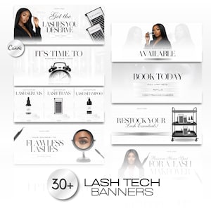 May include: A set of social media banners for a lash technician business. The banners feature images of models with eyelashes, lash supplies, and text that says "Get the lashes you deserve", "It's time to elevate your look", "Available", "Book today", "Restock your lash essentials", and "Reserve your spot for a lash makeover".