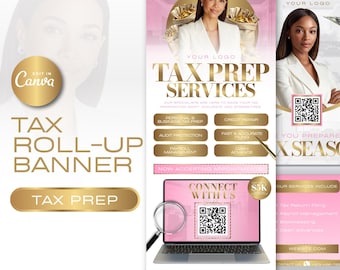 Pink and Gold Tax Prep Roll-Up Banners, Editable Accounting Canva Banners (Digital Download)