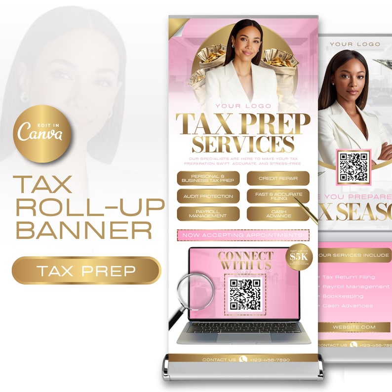 A tax roll-up banner with a pink and gold color scheme. The banner promotes tax preparation services, featuring a woman in a white blazer. Text includes "Tax Prep Services," and service categories like "Personal & Business Tax Prep."
