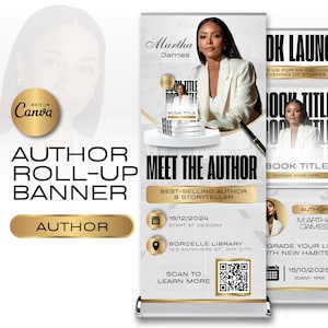 May include: Author roll-up banner featuring Martha James, with the text "Meet the Author." The design includes a photo of the author, book title, and event details. The banner is in gold, white, and black.