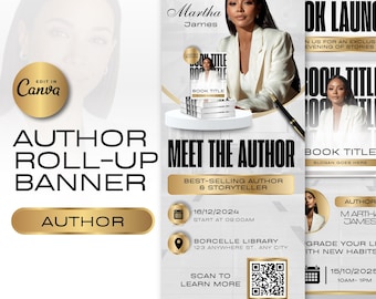 Author Roll-Up Banner Template, Canva Editable Meet the Author Sign, Book Launch Event Display