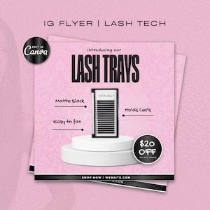 Könnte beinhalten: Eine pinkfarbene und schwarze Grafik für Wimperntechniker, die Wimpernfächer bewirbt. Der Text lautet "Introducing our Lash Trays", "Matte Black", "Easy to fan", "Holds Curls", "$20 Off", und "Shop Now | Website.com".