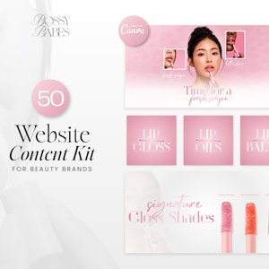 Może przedstawiać: Cyfrowy zestaw treści marketingowych dla marek kosmetycznych zatytułowany 50 Website Content Kit for Beauty Brands, zawierający różowe grafiki, zdjęcia błyszczyków, olejków i balsamów do ust oraz tekst Time for a fresh swipe.