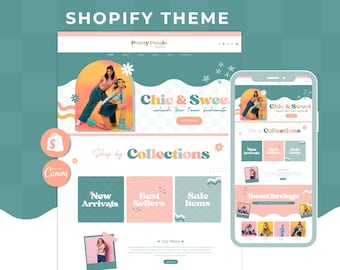 May include: A Shopify theme design with a website and mobile phone display. The website features the text "Pretty Petals", "Chic & Sweet", and "Shop by Collections". The mobile phone shows the same design. The design includes images of people.