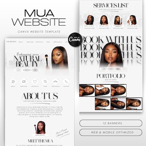 May include: A website template for a makeup artist. The template features a black and white color scheme with a modern design. The text on the template includes "MUA Website", "Enhancing your Natural Beauty", "Book Now", "About Us", "Services List", "Book With Us", "Portfolio", and "Meet The MUA".
