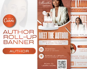 Puede incluir: Un banner enrollable para un evento de autor, con Martha James. El diseño es principalmente naranja y blanco, con el texto «Meet the Author» y detalles del evento. Incluye un código QR para obtener más información.