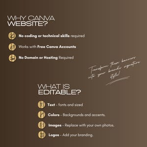 A brown graphic with white text explaining the benefits of a Canva website for tax and accountant services. The text includes "No coding or technical skills required" and "Works with Free Canva Accounts". The graphic also lists what is editable, including text, colors, images, and logos.