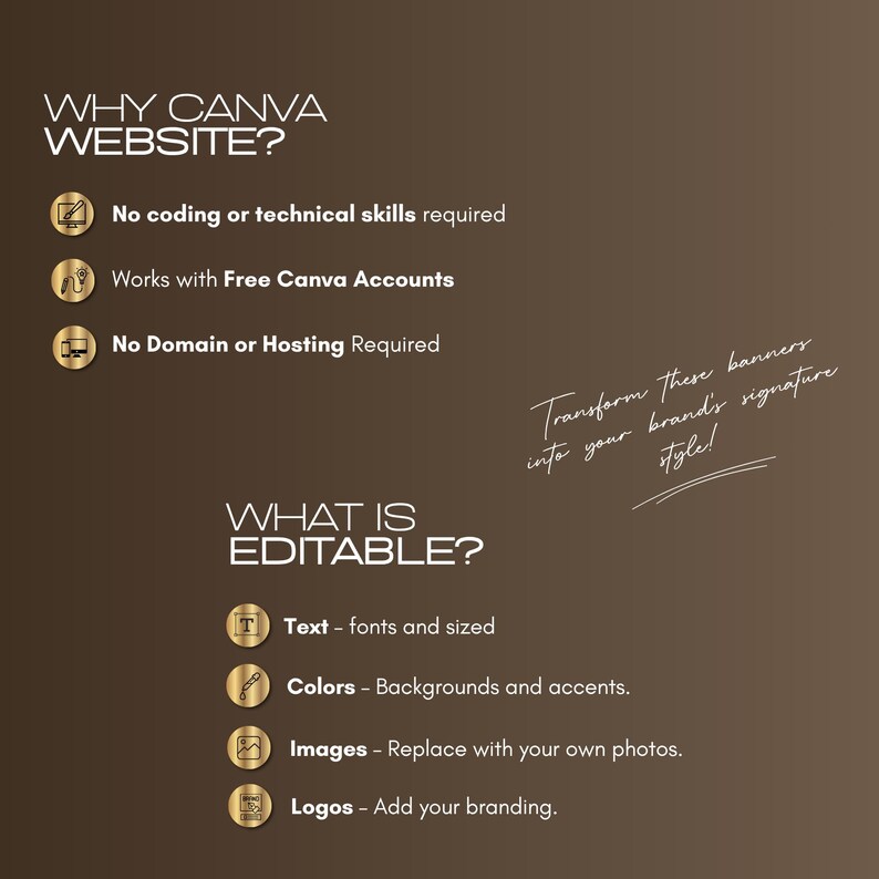 A brown graphic with white text explaining the benefits of a Canva website for tax and accountant services. The text includes "No coding or technical skills required" and "Works with Free Canva Accounts". The graphic also lists what is editable, including text, colors, images, and logos.