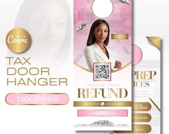Tax Door Hangers Template, Professional Pink and Gold Design, Tax Season Marketing, Canva Editable