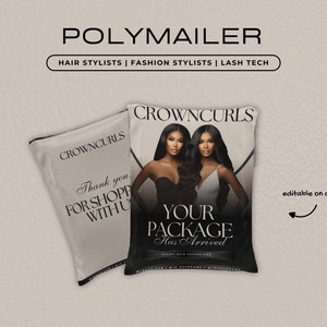Anpassad plastutskickningsdesign, mjuk beige anpassad fraktpåsmall, hårstylistförpackning, redigerbar canvaslayout, perukvarumärkesbyggande