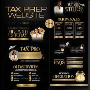 May include: A black and gold website design for tax preparation services. The website includes sections for services, packages, FAQs, and hours of operation. The text "Tax Prep Website" is at the top, with the phrase "File with us today!" and "Book a free consultation".