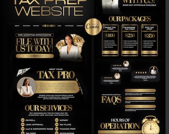 Tax Prep & Accountant Website Template, Tax Service Landing Page , Black and Gold Design Canva Template