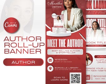 Puede incluir: Una pancarta enrollable roja y blanca que promociona un evento de autor. La pancarta presenta el texto "Meet the Author" e incluye el nombre del autor, los detalles del evento y un código QR. La pancarta también tiene una foto del autor.