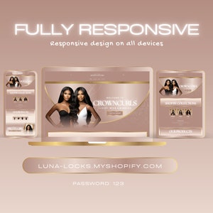 Mobile Responsive Shopify Theme Design shown on Desktop Tablet and Phone for Hair Business