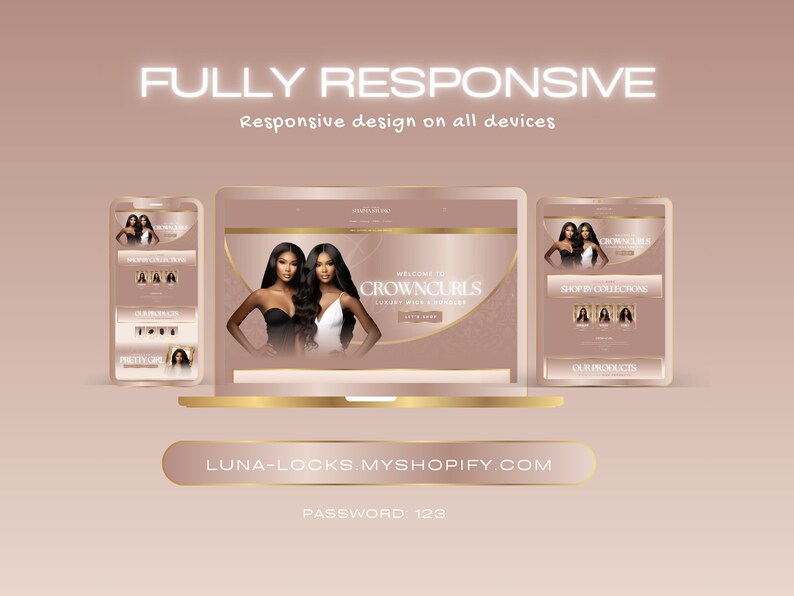 Mobile Responsive Shopify Theme Design shown on Desktop Tablet and Phone for Hair Business