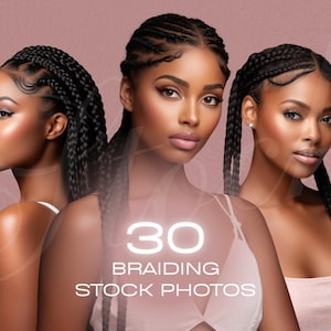 May include: Three women with dark skin tones are wearing different styles of braids. The women are wearing pink tank tops. The text "30 Braiding Stock Photos" is superimposed on the image.