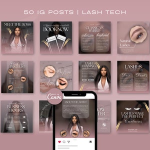 May include: A collection of 10 Instagram post templates for a lash technician. The templates feature a pink and gold color scheme and include text such as "Meet the Boss", "Check our Pricelist", "Lash Training", "Your Lashes Do's and Don'ts", and "Lashes Make the Perfect Curtains".