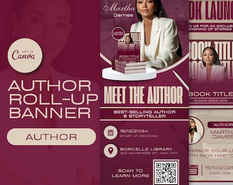 Puede incluir: Una pancarta enrollable de autor granate con el texto "Meet the Author" y "Best-Selling Author & Storyteller". La pancarta incluye una foto de una mujer y detalles para un evento de lanzamiento de libro, incluido un código QR.