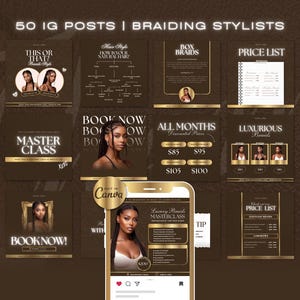 50 Braiding Templates | IG Posts | Branding Kit | Hair Braiding Social Media Content | Braids Instagram Template