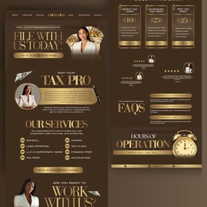 A website layout for tax prep services with a brown and gold color scheme, advertising tax preparation services. The design includes text such as "File with us today!" and "Meet your Tax Pro." There are also service options and a section for FAQs.