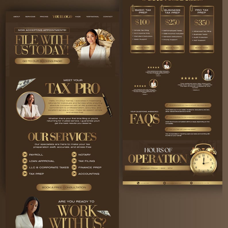 A website layout for tax prep services with a brown and gold color scheme, advertising tax preparation services. The design includes text such as "File with us today!" and "Meet your Tax Pro." There are also service options and a section for FAQs.