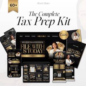 May include: A digital marketing kit for tax preparation services featuring over 60 templates. The black and gold design includes a laptop screen, smartphone, and printed documents displaying text such as The Complete Tax Prep Kit, File With Us Today, and Tax Document Checklist.