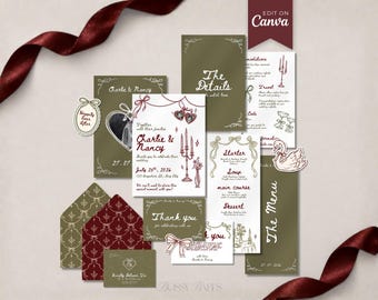 May include: A wedding stationery set featuring olive green and white cards with burgundy red accents. The collection includes invitations, menus, and thank you notes with hand-drawn illustrations of candelabras, swans, and bows, plus text reading Charlie & Nancy, The Details, and The Menu.