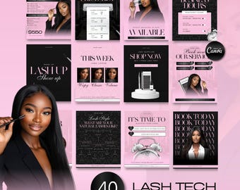 40 Lash Tech Flyers, Lash Tech IG Posts, Lash Tech Branding Kit, Lashes Instagram Template, Canva Template, Editable